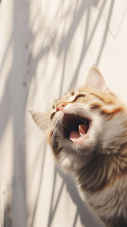 An orange and white cat yawns in the sun.の素材