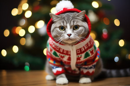 A gray and white cat wearing a sweater and hat. Christmas ugly sweater.の素材