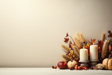 A table topped with candles and autumn decorations. Autumn, Thanksgiving decor. Digital image.の素材