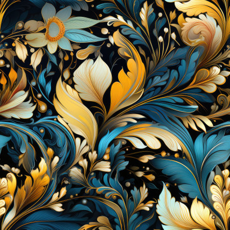 A pattern of flowers and leaves on a black background. Seamless background.の素材