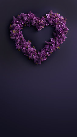 A heart shaped wreath made of purple flowers. Copy-space.の素材