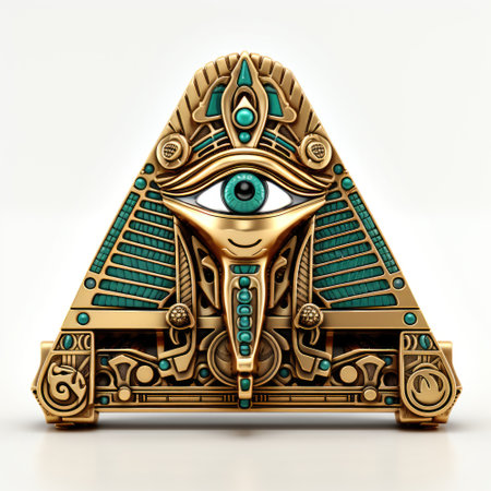 A gold and green egyptian mask on a white background.の素材
