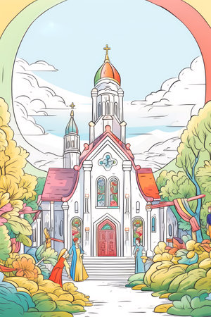 An illustration of a church surrounded by trees.の素材