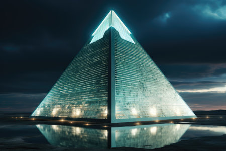 A pyramid shaped building lit up at night.の素材