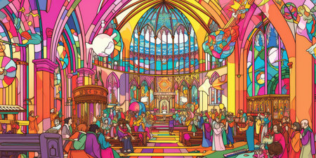 A painting of a church filled with lots of people.の素材