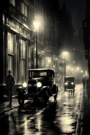 A black and white photo of a street at night.の素材
