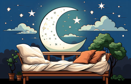 A wooden bench with a pillow on it under a night sky.の素材