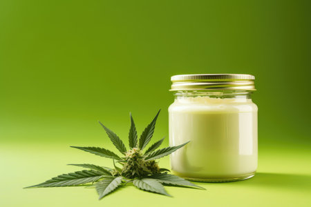 A glass jar with a marijuana leaf next to it.の素材