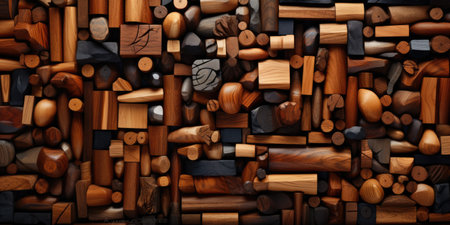 A wall of wooden blocks and pieces of wood.の素材