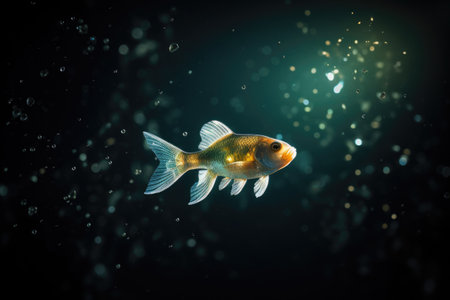 A goldfish swimming in the water with bubbles. Contaminated water, radioactive fish.の素材