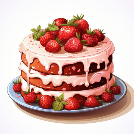 A strawberry cake with icing and strawberries on a plate.の素材