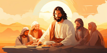 Last supper, Jesus and his disciples sitting around the tableの素材