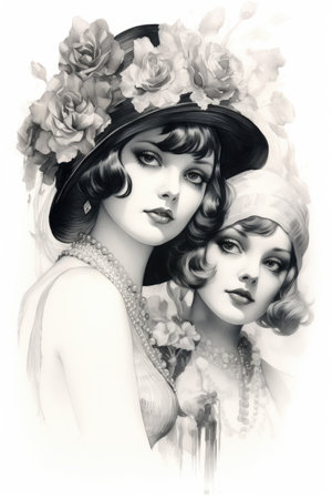 A drawing of two women with hats on.の素材