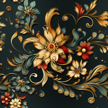 A floral design on a black background. Seamless background.の素材
