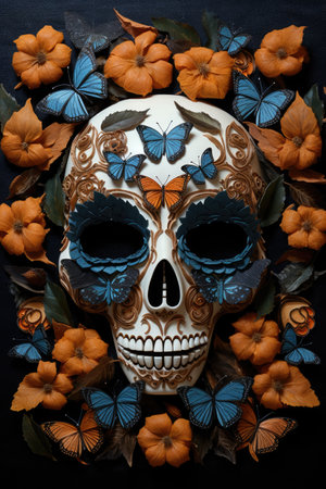 A sugar skull surrounded by butterflies and pumpkins. Halloween decor.の素材