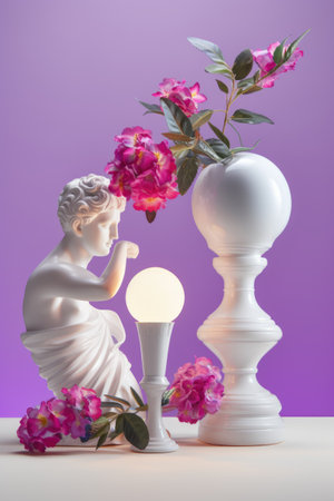 A statue of a woman sitting next to a vase of flowers. Surreal still life.の素材
