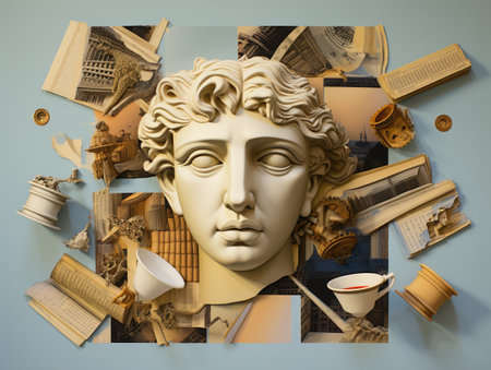 A sculpture of a mans head surrounded by books. Surreal still life.の素材