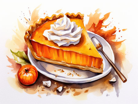 A painting of a slice of pumpkin pie on a plate. Pumpkin pie.の素材