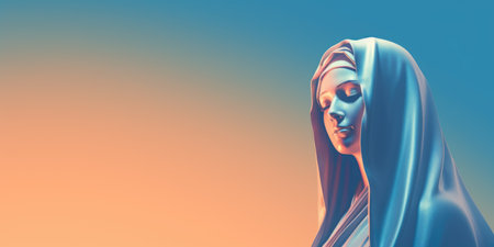 A statue of a woman with a veil over her head. Mother Mary.の素材