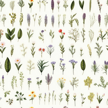 A bunch of different types of flowers on a white background. Seamless floral pattern with different types of flowers.の素材
