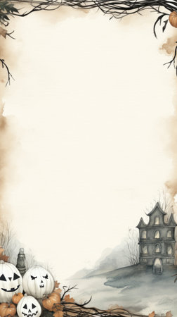 A watercolor painting of a halloween scene with pumpkins.の素材