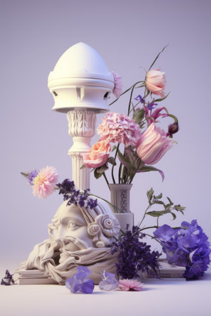 A vase with flowers and a statue on a table. Surreal still life.の素材