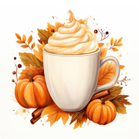 A cup of coffee with whipped cream and pumpkins. Pumpkin spice latte.の素材
