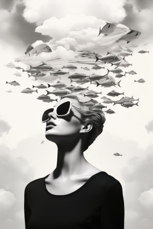 A woman with sunglasses and a flock of fish above her head. Surreal composition.の素材
