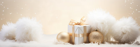 A white and gold christmas scene with presents.の素材
