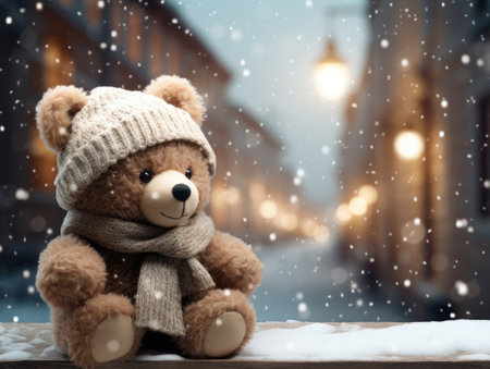 A teddy bear wearing a knitted hat and scarf.の素材