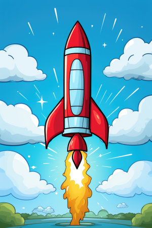 A cartoon rocket taking off into the sky.の素材
