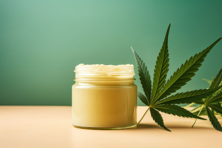 A jar of cream next to a marijuana leaf.の素材
