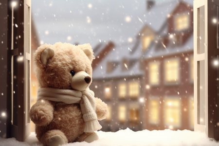 A teddy bear sitting on a window sill in the snow.の素材