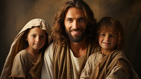 A man and two children dressed in biblical clothing. Jesus with children.の素材