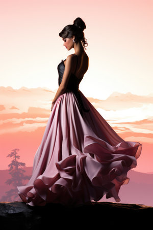 A woman in a long dress standing on a rock.の素材