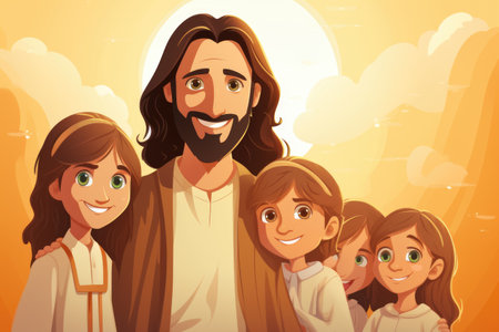 A cartoon picture of Jesus with his family.の素材