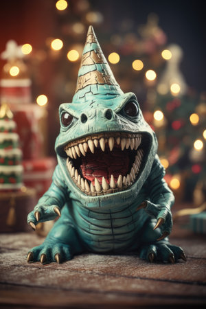 A toy lizard with a party hat on its head.の素材