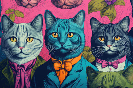A painting of a group of cats wearing suits.の素材