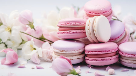 A pile of macarons sitting next to a bunch of flowers.の素材