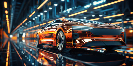 A shiny car is on a reflective surface in a car factory.の素材