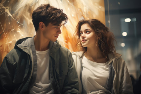 A man and a woman sitting next to each other. Romantic couple in museum, art gallery.の素材