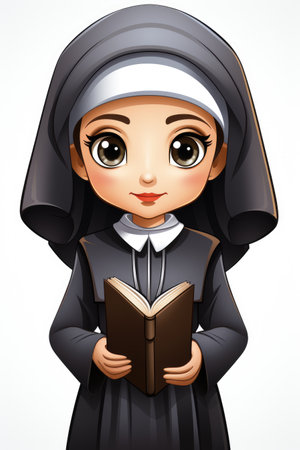 A cartoon nun reading a book.の素材