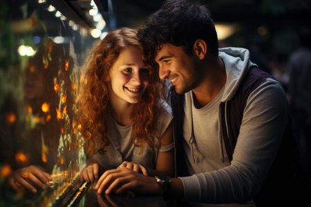 A man and a woman looking at a fish tank. Romantic couple in aquarium.の素材
