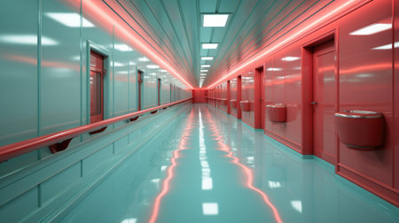 A long hallway with a red light in the middle of it.の素材