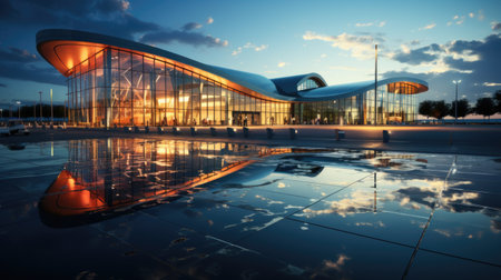 A reflection of a building in a puddle of water.の素材
