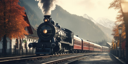 A train traveling down train tracks next to a forest.の素材
