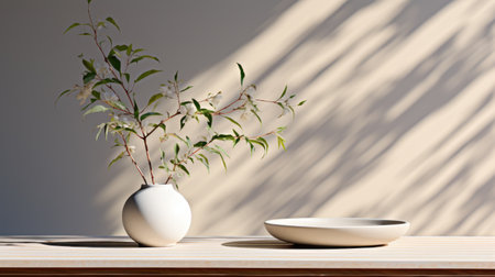A white vase sitting on top of a wooden table. Zen still life.の素材