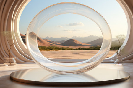 A circular glass sculpture in a desert setting.の素材