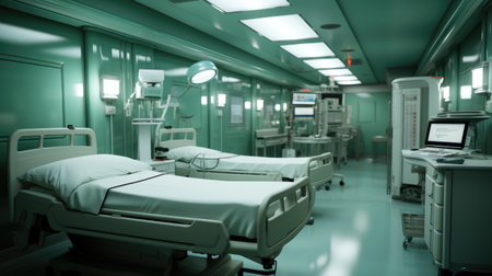 A hospital room filled with beds and medical equipment.の素材