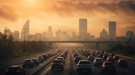 A highway filled with lots of traffic next to tall buildings.の素材